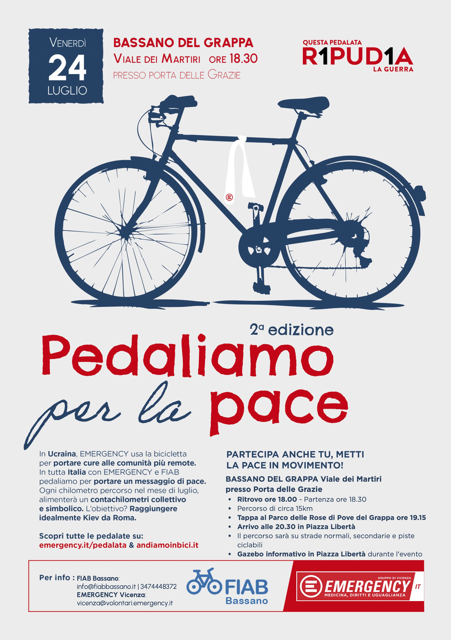 Locandina Pedaliamo per La Pace FIAB EMERGENCY 24 Luglio